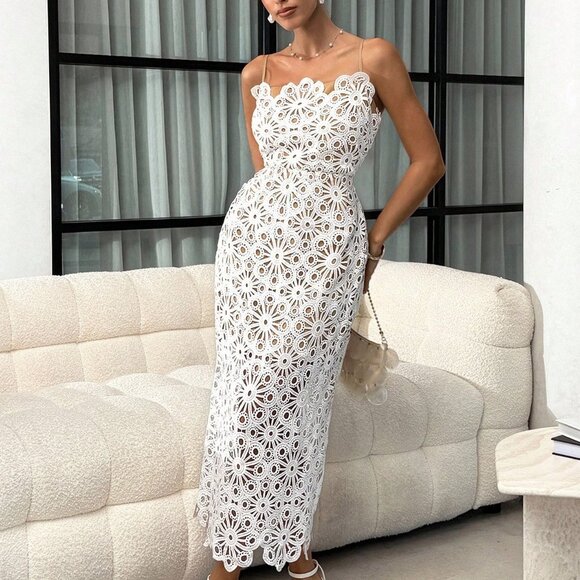 White Elegant Women's Asymmetrical Lace Cutout Camisole Watercolor Midi Dress - Picture 4 of 6